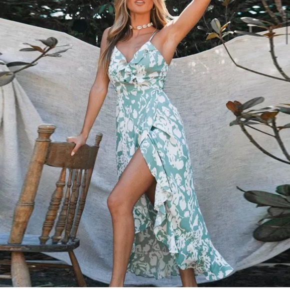 Teal Ruffle Split Hem Summer Maxi Dress - Picture 3 of 8